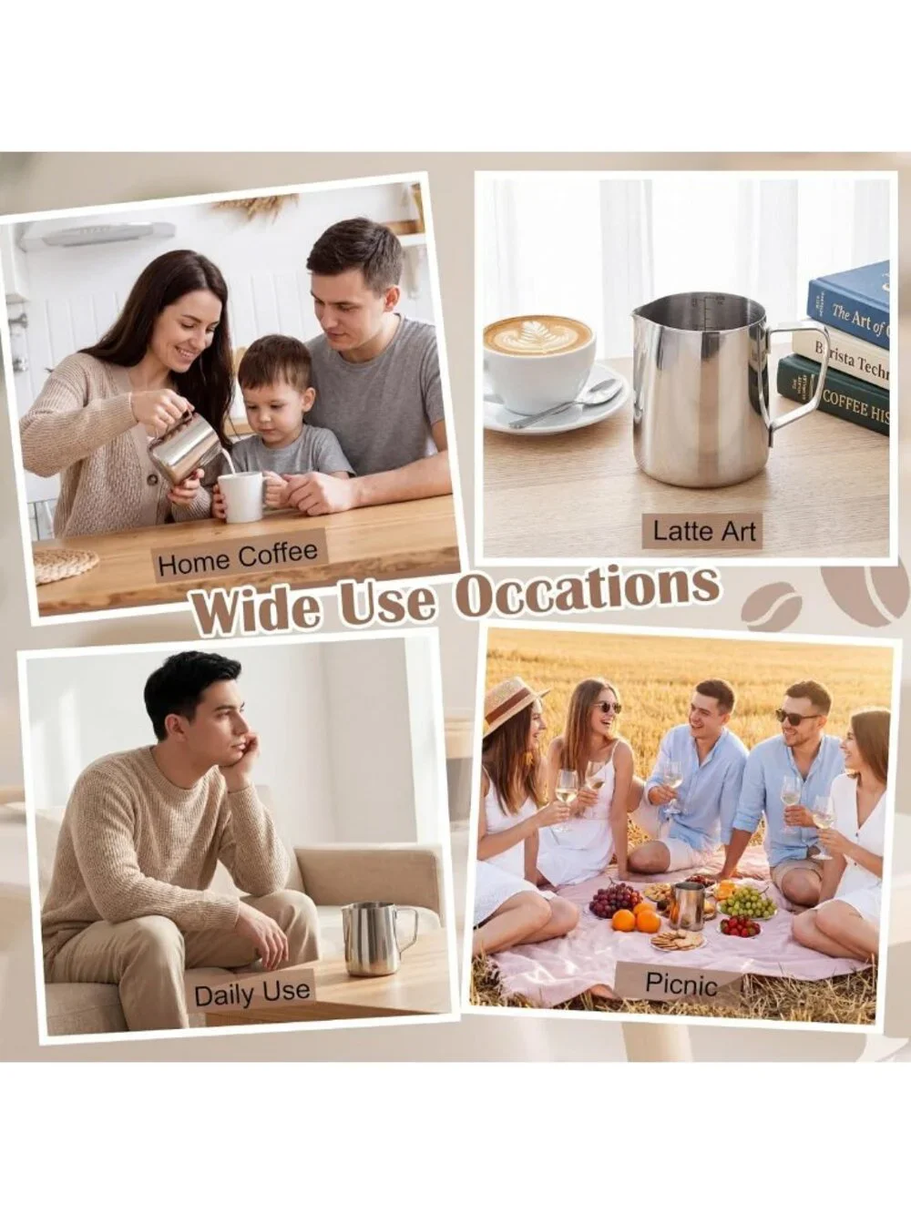 6 Pcs Stainless Steel Milk Frothing Pitchers - 20 oz Coffee Bar Tools, Silver